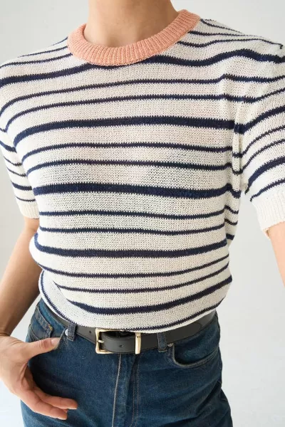Lacivert Çizgili Ekru Merserize Triko Bluz
