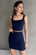 Lacivert Dalgıç Kumaş Mini Etek Crop Bluz İkili Takım