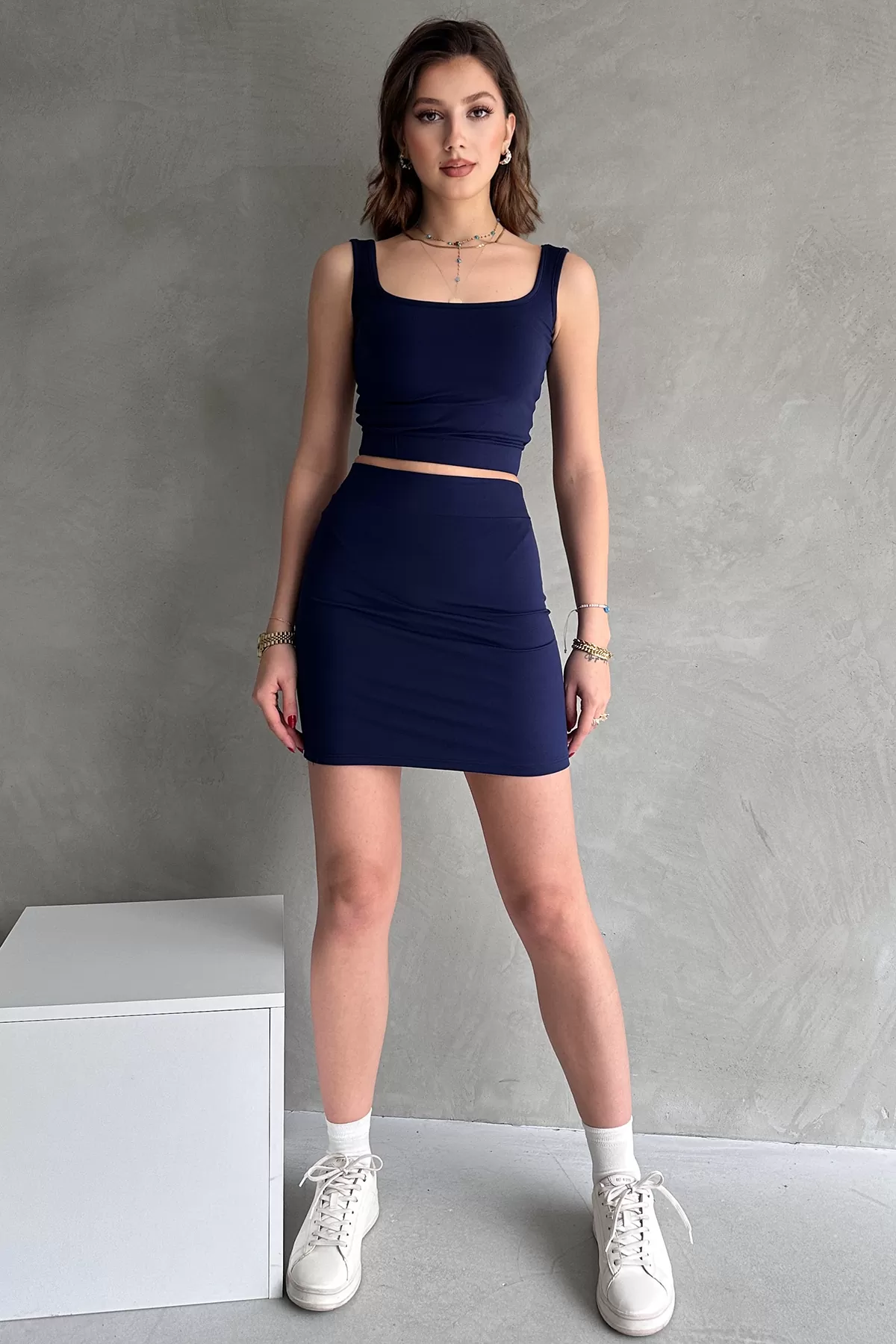 Lacivert Dalgıç Kumaş Mini Etek Crop Bluz İkili Takım