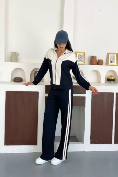 Lacivert Ekru Modal Kumaş Kadın Eşofman Takımı