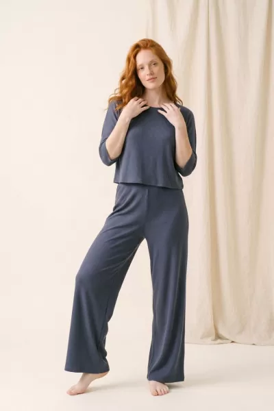 Lacivert Kaşkorse Pantolon Crop Bluz İkili Takım