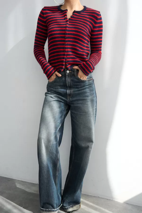 Lacivert Kırmızı Çizgili Triko Kadın Hırka