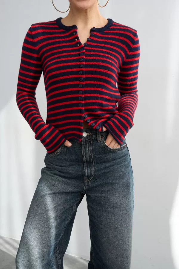 Lacivert Kırmızı Çizgili Triko Kadın Hırka