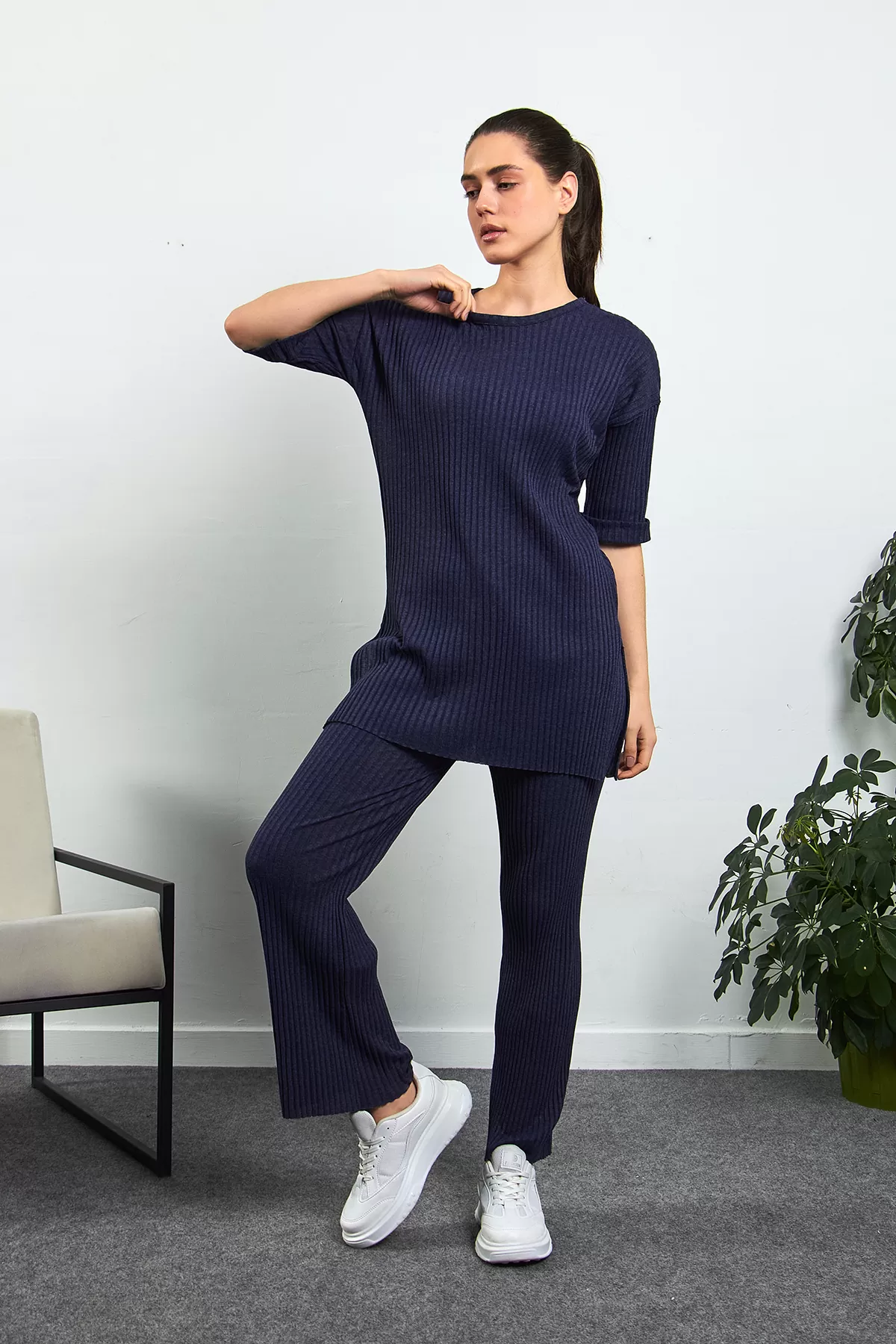 Lacivert Pamuklu Pantolon Tunik İkili Takım