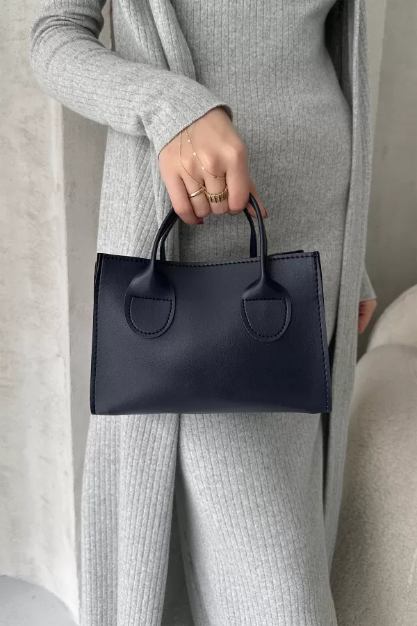 Koyu Lacivert Suni Deri Kadın Omuz Çantası