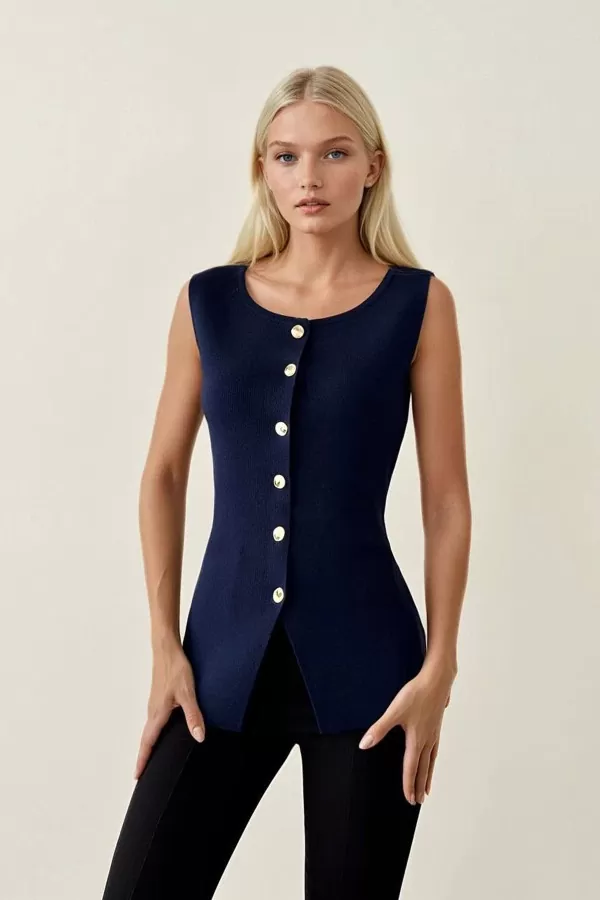 Lacivert Triko Kadın Yelek Bluz