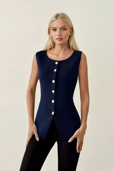 Lacivert Triko Kadın Yelek Bluz