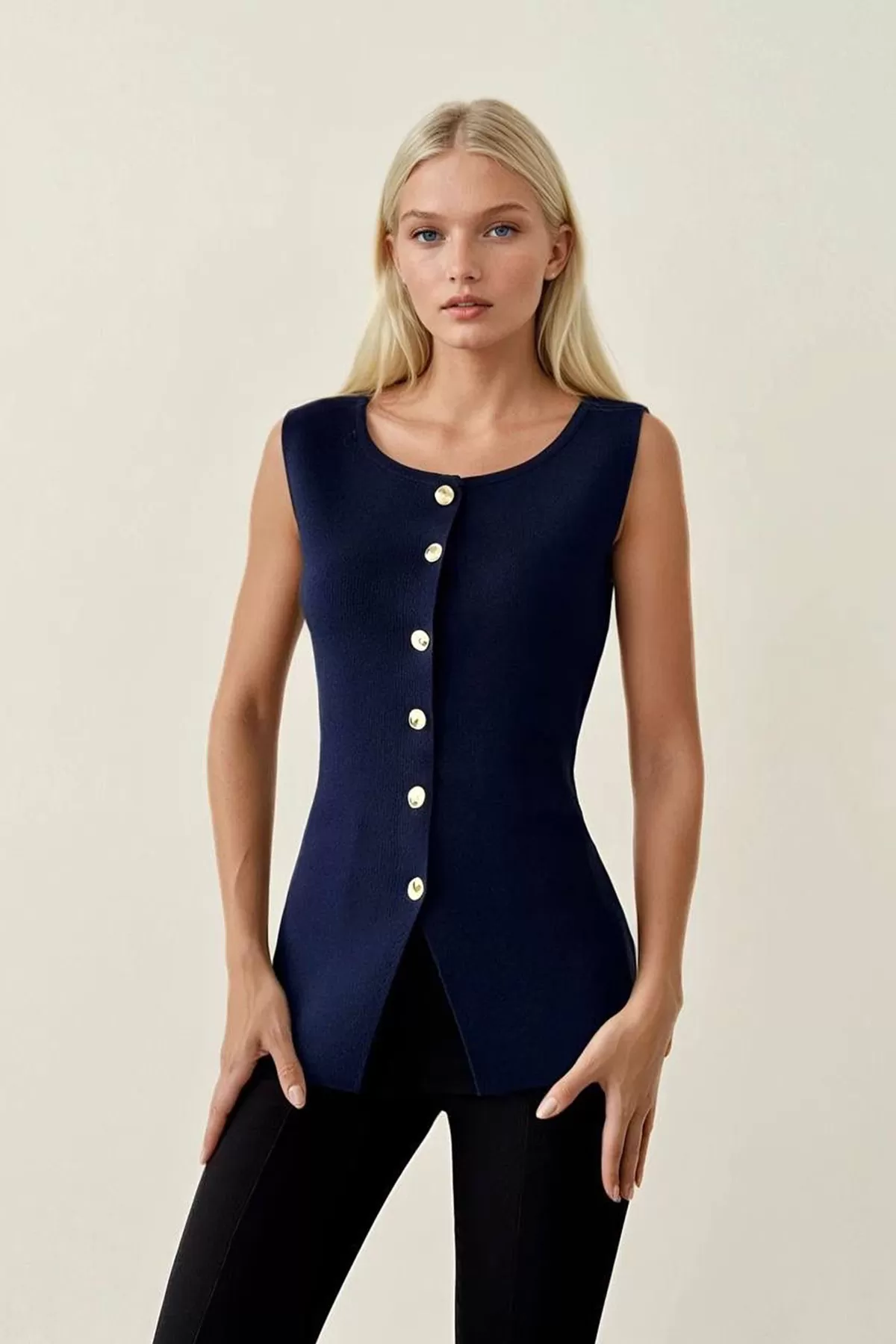Lacivert Triko Kadın Yelek Bluz