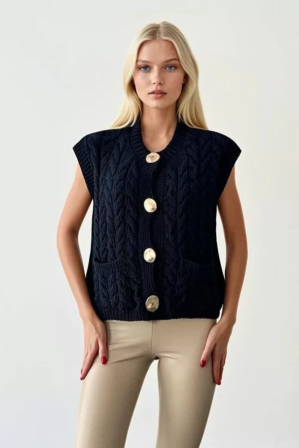 Lacivert Triko Kadın Yelek Bluz