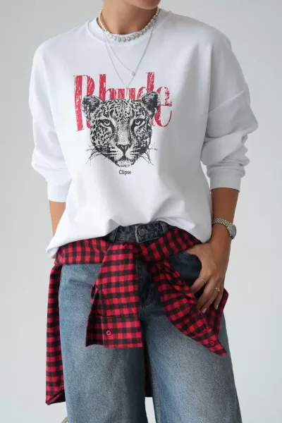 Leopar Baskılı Beyaz Pamuklu Sweatshirt
