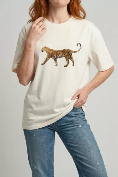 Leopar Baskılı Ekru Pamuklu Tişört
