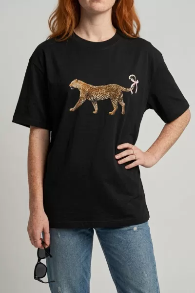 Leopar Baskılı Ekru Pamuklu Kadın Tişört