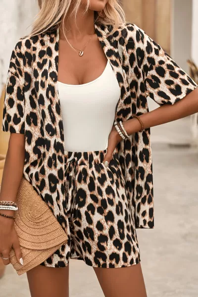 Leopar Desenli Modal Ceket Şort İkili Takım