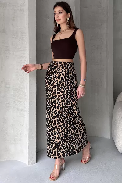 Leopar Desenli Uzun Bürümcük Etek