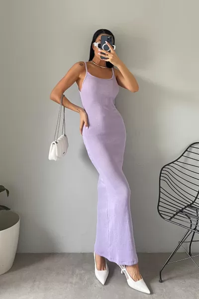 Askılı Lila Maksi Elbise