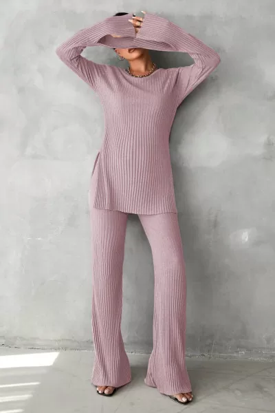 Lila Bisiklet Yaka Bluz Pantolon Alt Üst Takım