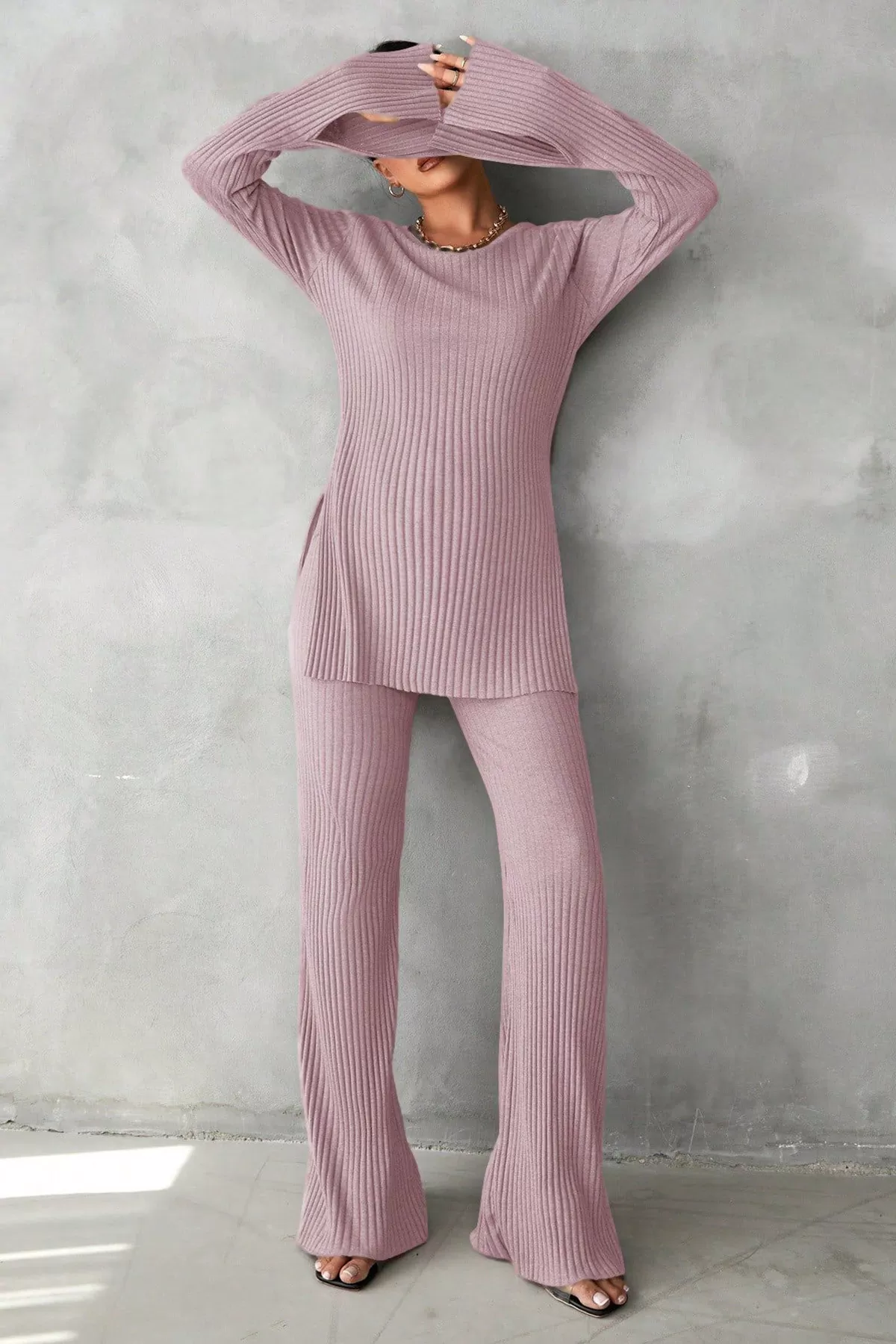 Lila Bisiklet Yaka Bluz Pantolon Alt Üst Takım