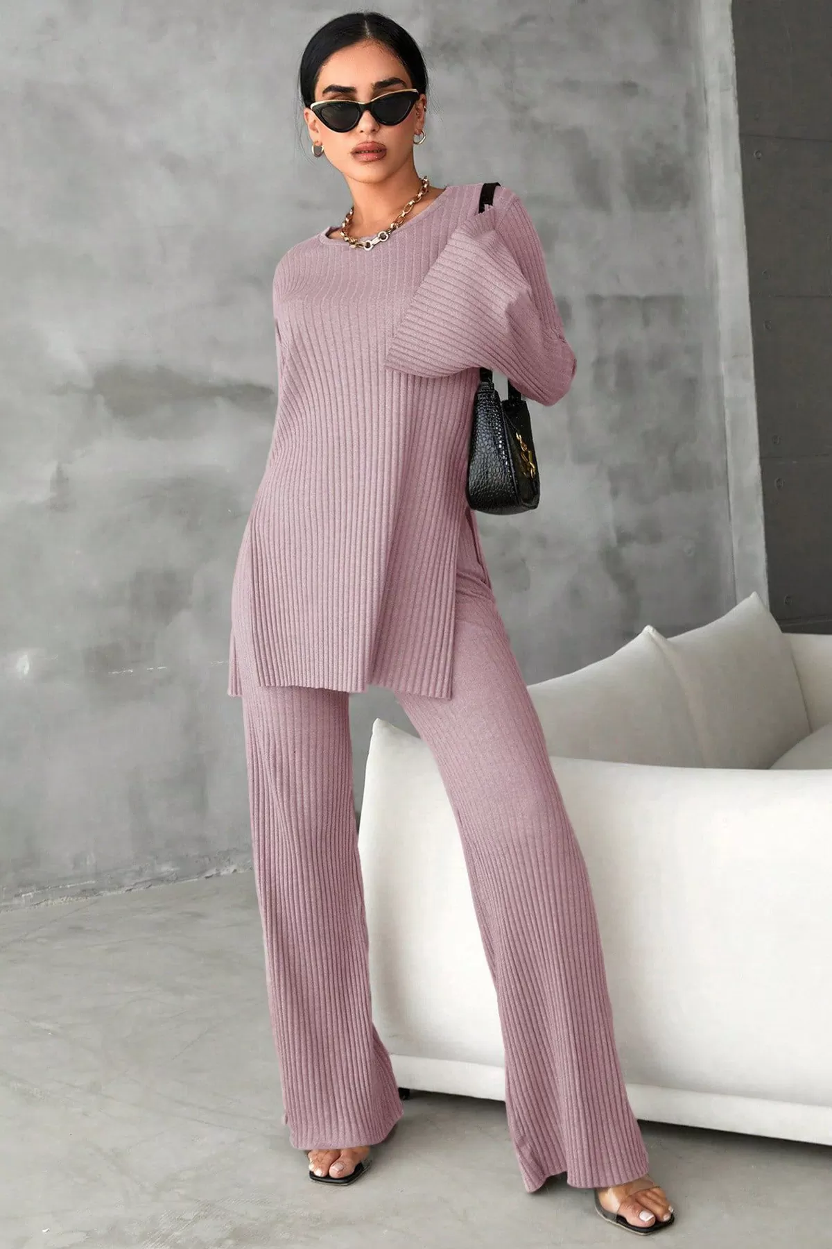 Lila Bisiklet Yaka Bluz Pantolon Alt Üst Takım