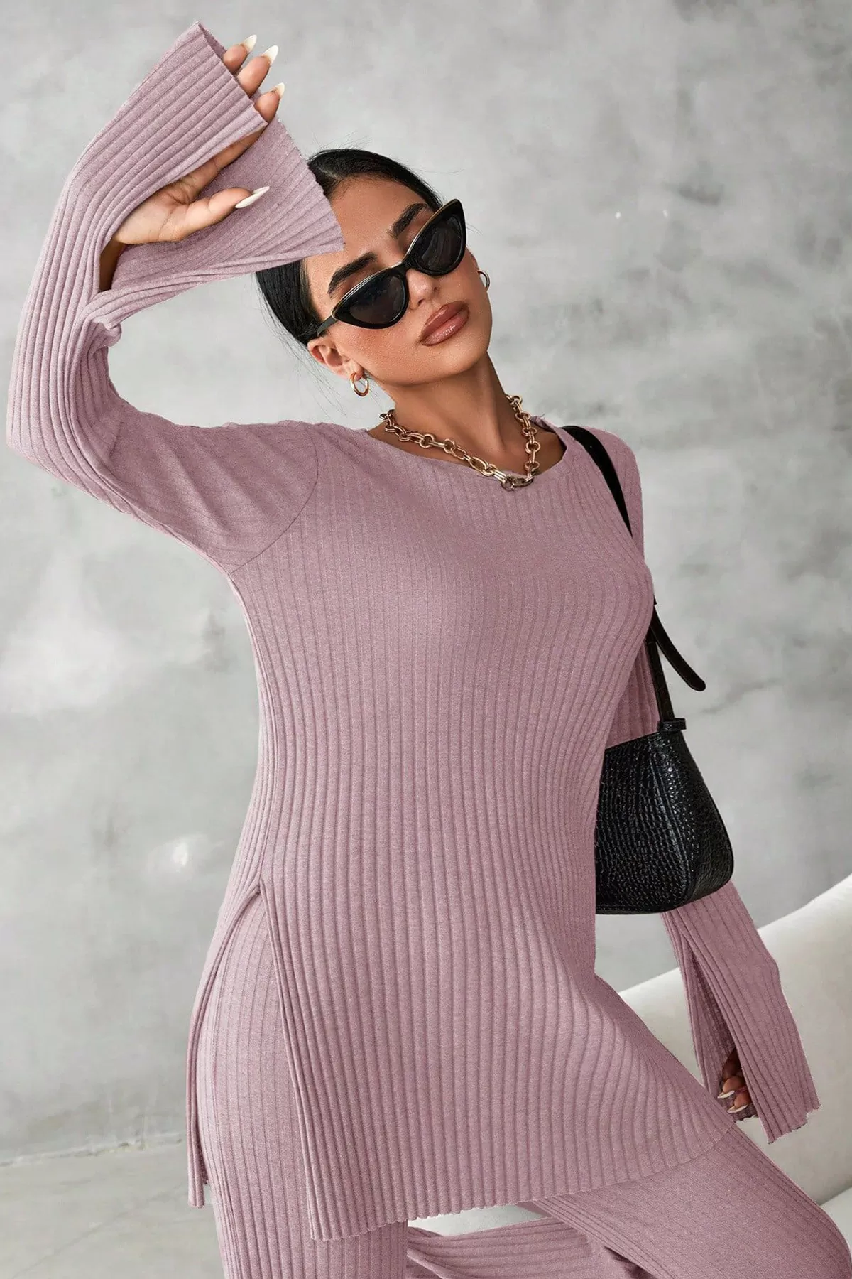 Lila Bisiklet Yaka Bluz Pantolon Alt Üst Takım