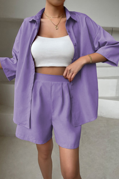 Lila Gömlek Şort Kadın İkili Takım