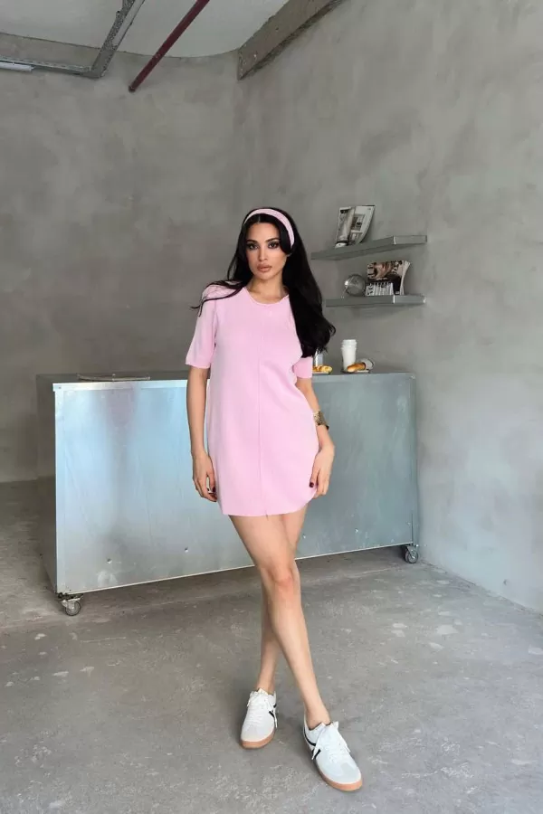 Lila Triko Kısa Kollu Süper Mini Elbise