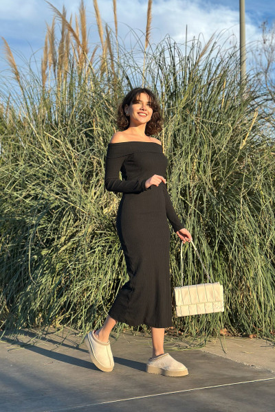 Madonna Yaka Siyah Kaşkorse Midi Elbise