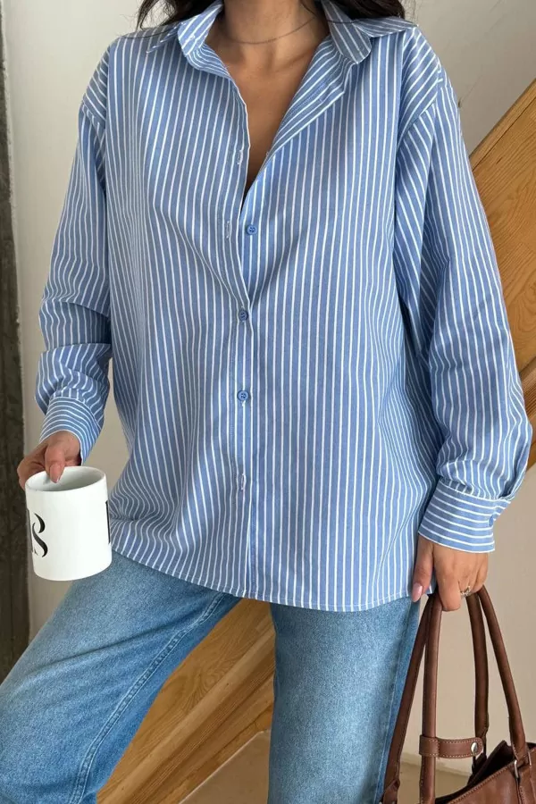 Mavi Beyaz Çizgili Oversize Poplin Kadın Gömlek