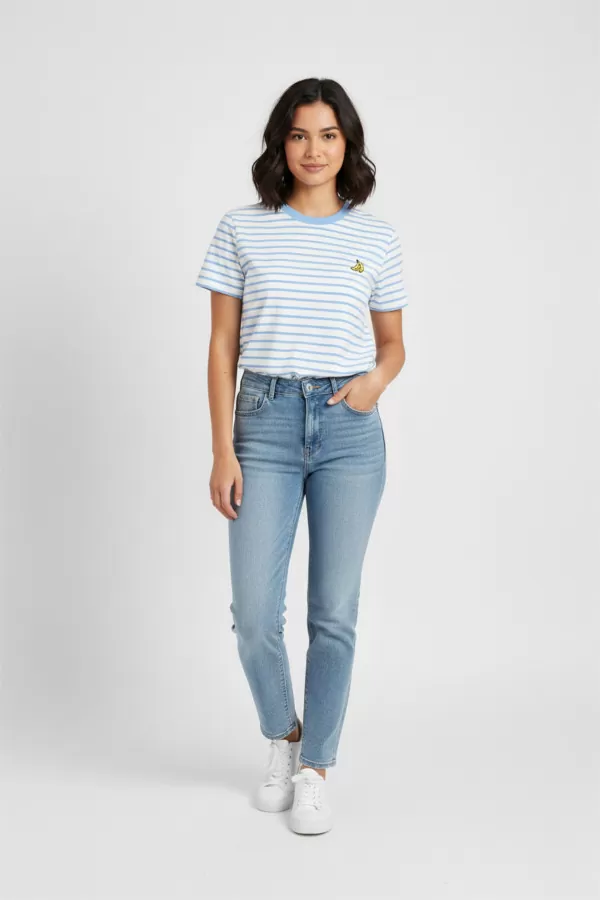 Mavi Beyaz Çizgili Pamuklu Nakışlı Kadın Tişört