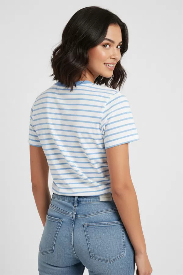 Mavi Beyaz Çizgili Pamuklu Nakışlı Kadın Tişört