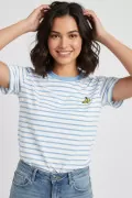 Mavi Beyaz Çizgili Pamuklu Nakışlı Kadın Tişört