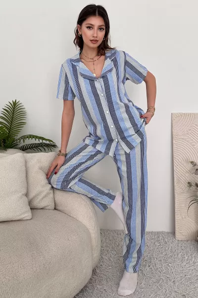 Mavi Beyaz Pamuklu Kadın Pijama Takımı