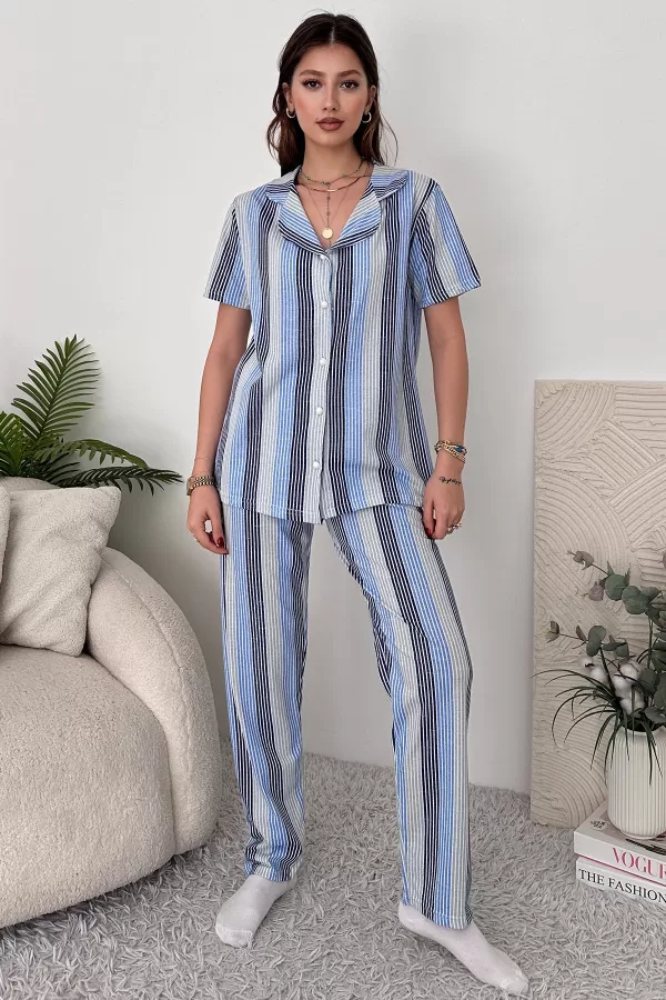 Mavi Beyaz Pamuklu Kadın Pijama Takımı