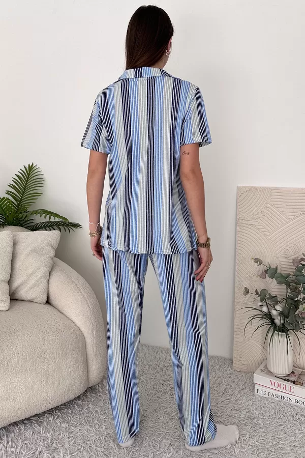 Mavi Beyaz Pamuklu Kadın Pijama Takımı