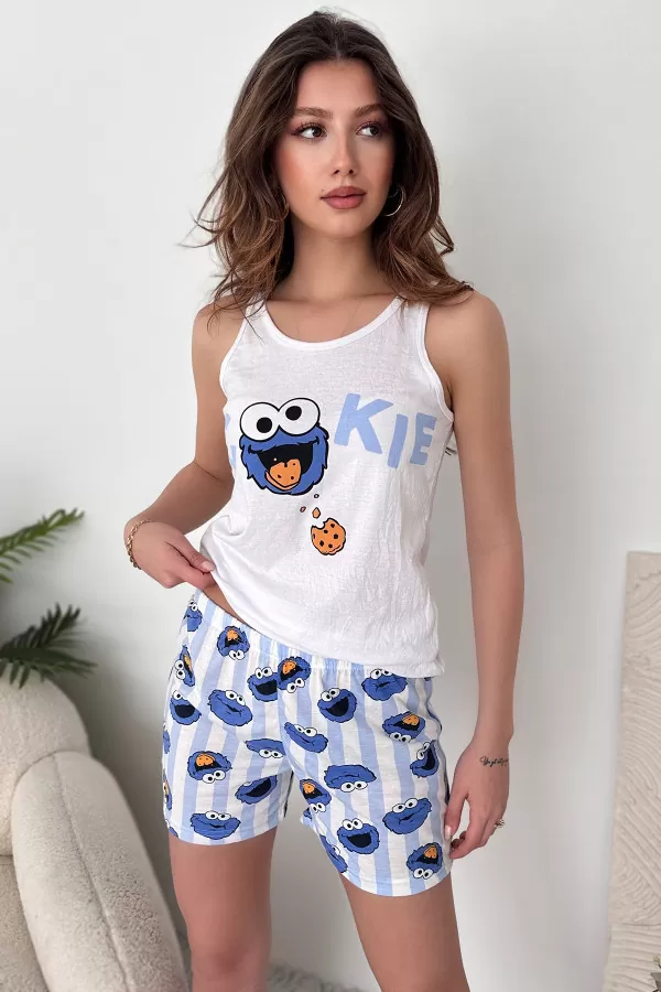 Mavi Beyaz Pamuklu Şort Atlet Kadın Pijama Takımı
