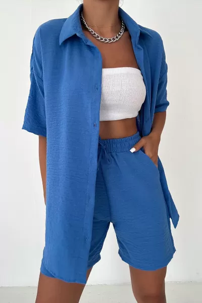 Mavi Keten Gömlek Şort Kadın Takım