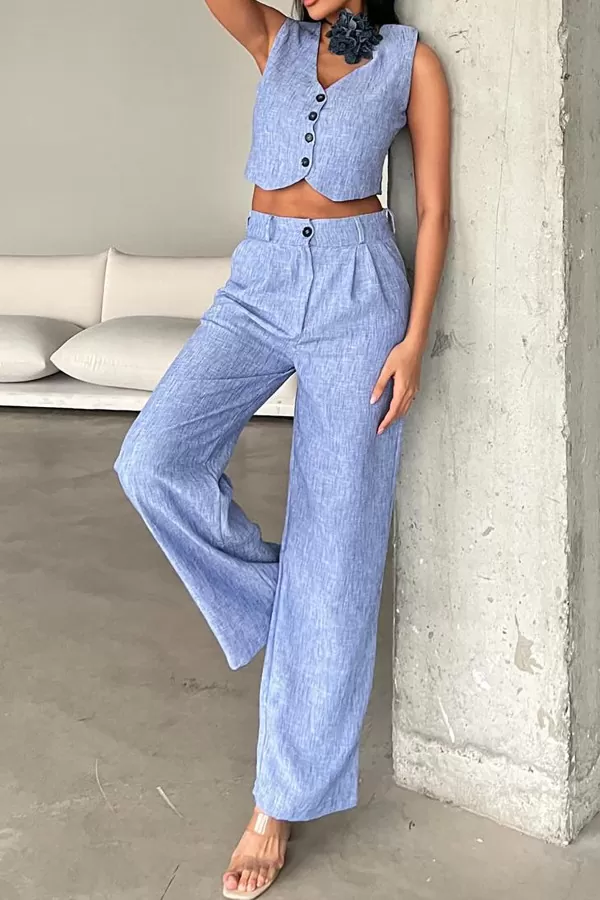 Mavi Keten Yelek Pantolon Kadın Alt Üst Takım