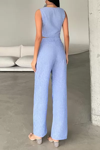 Mavi Keten Yelek Pantolon Kadın Alt Üst Takım