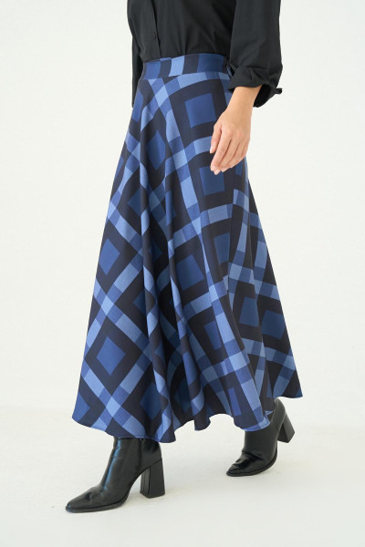 Mavi Lacivert Ekose İnce Kaşe Kloş Uzun Etek