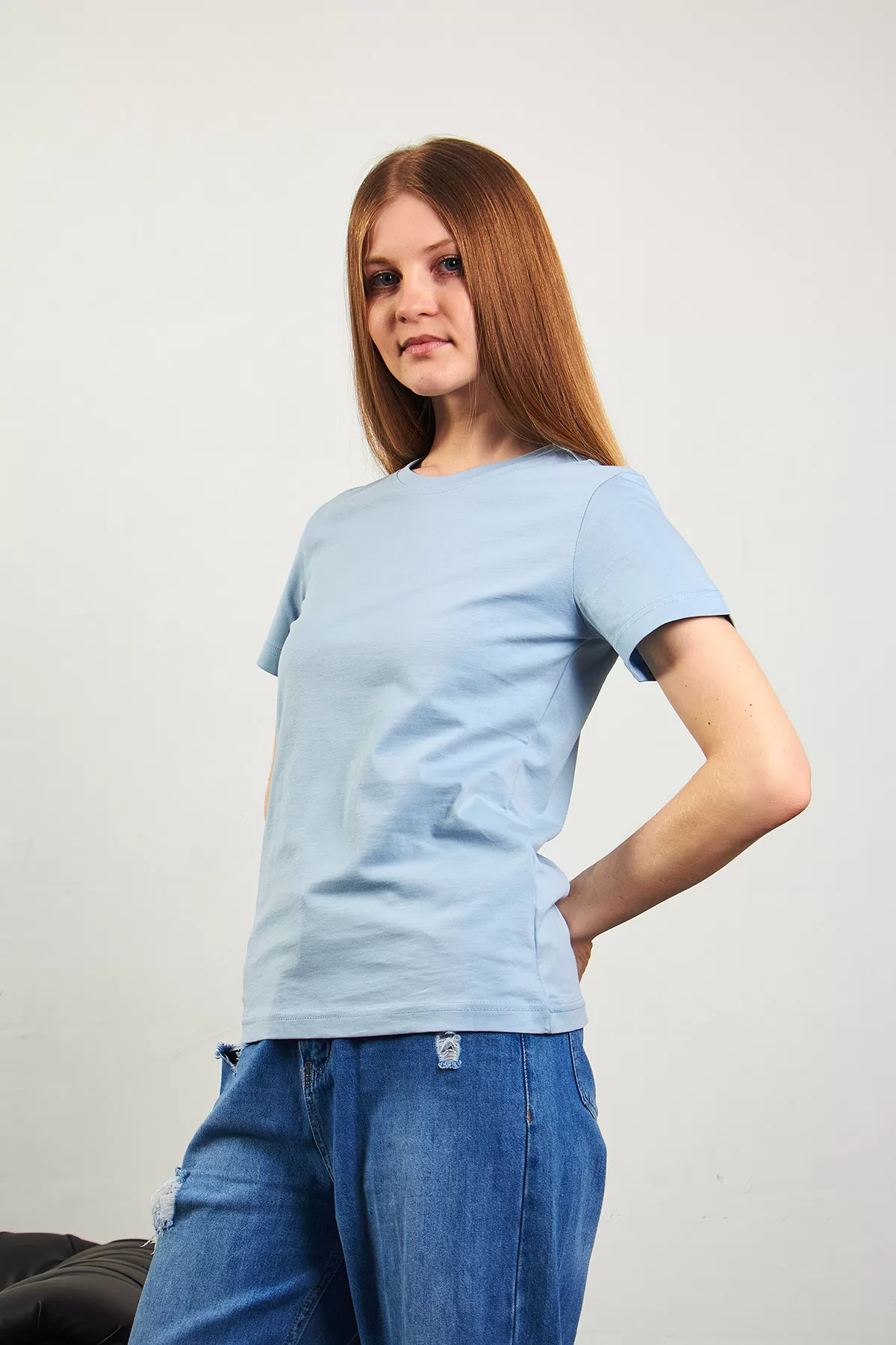 Mavi Pamuklu Bisiklet Yaka Basic Kadın Tişört
