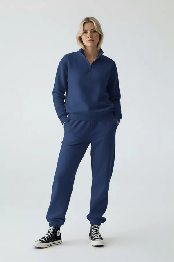 Mavi Pamuklu Üç İplik Şardonlu Kadın Eşofman Takımı