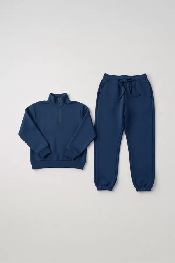 Mavi Pamuklu Üç İplik Şardonlu Kadın Eşofman Takımı