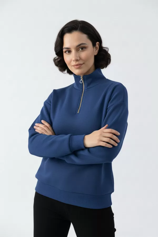 Mavi Pamuklu Üç İplik Şardonlu Kadın Sweatshirt