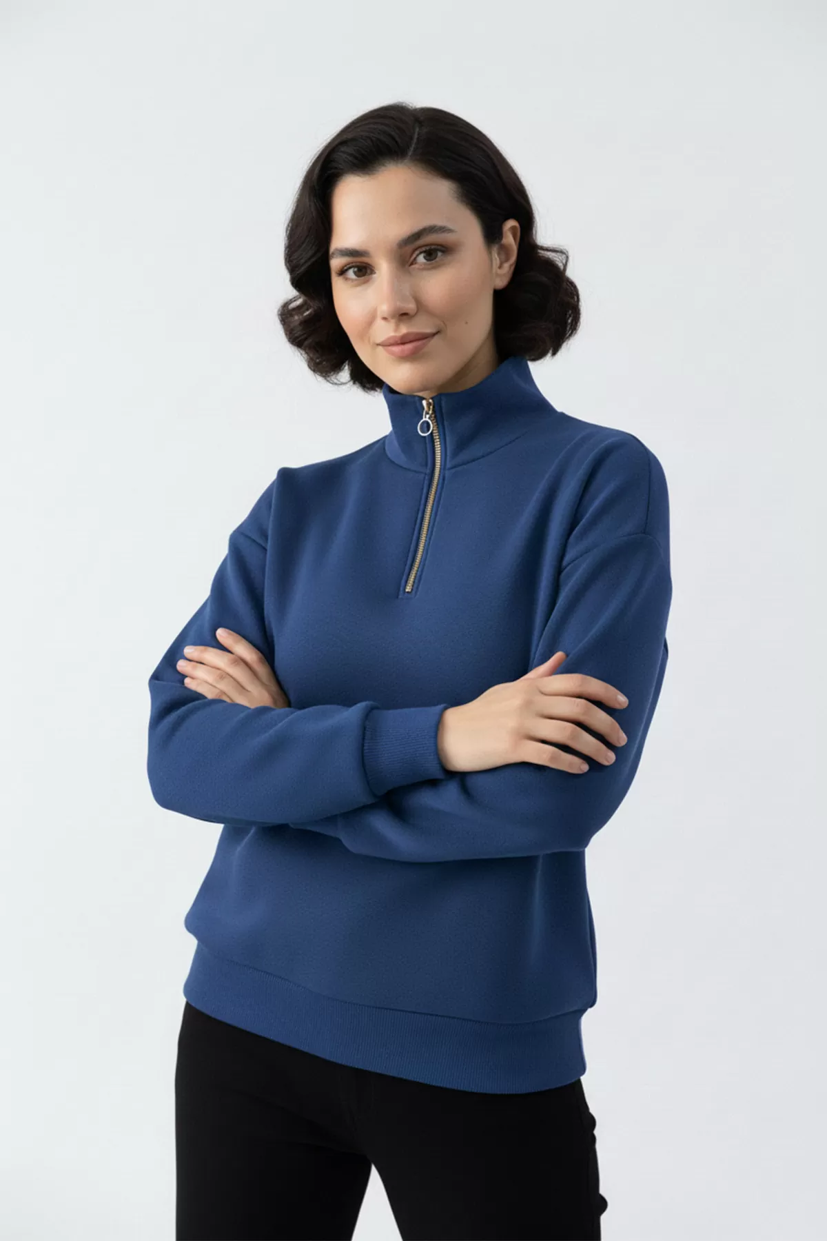 Mavi Pamuklu Üç İplik Şardonlu Kadın Sweatshirt