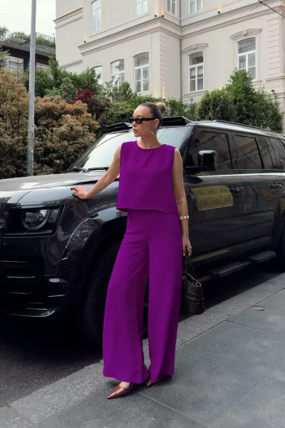 Mor Bluz Geniş Paça Pantolon Alt Üst Takım