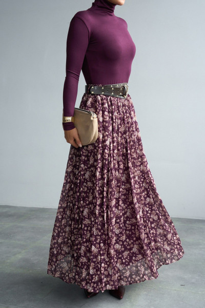 Mor Çiçek Desenli Maksi Etek