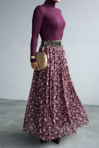 Mor Çiçek Desenli Maksi Etek