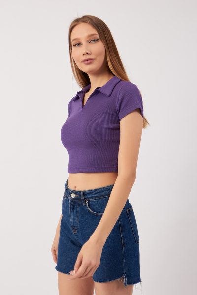 Mor Pamuklu Kaşkorse Crop Bluz