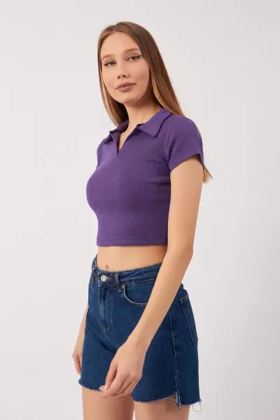 Mor Pamuklu Kaşkorse Crop Bluz