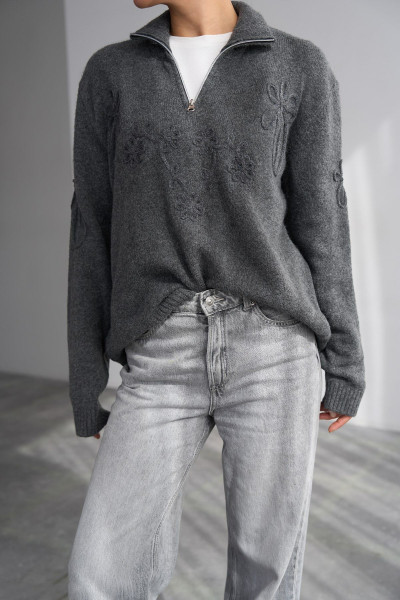 Nakış Detaylı Antrasit Pamuklu Kadın Kazak