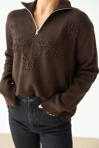 Nakış Detaylı Kahverengi Pamuklu Kadın Kazak